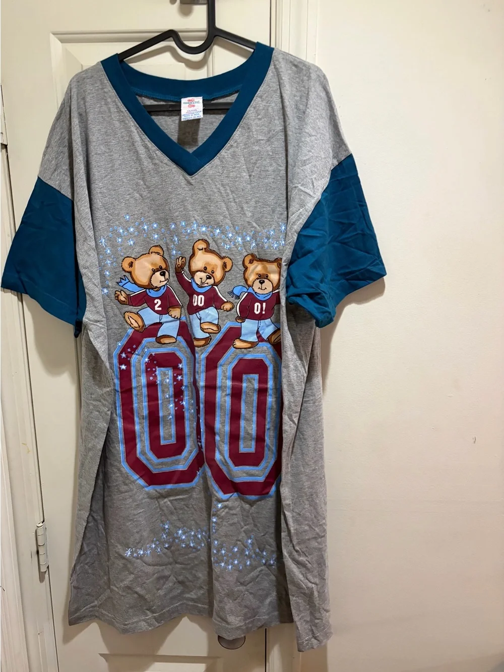 Essential Needs Bear Graphic Heather Gray & Teal V-Neck T-Shirt Sleepwear Dress